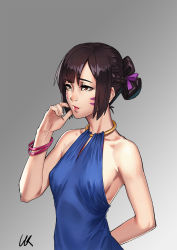 Rule 34 | 1girl, alternate costume, alternate hairstyle, arm behind back, bare arms, bare shoulders, blue dress, bracelet, braid, breasts, brown eyes, brown hair, closed mouth, collarbone, d.va (overwatch), dress, eyelashes, facepaint, facial mark, fingernails, french braid, gradient background, hair bun, hair ornament, hair ribbon, half-closed eyes, hand up, highres, jewelry, l.k, o-ring, o-ring top, overwatch, overwatch 1, pink lips, pink ribbon, ribbon, short hair, sidelocks, signature, single hair bun, sleeveless, sleeveless dress, small breasts, solo, upper body, whisker markings