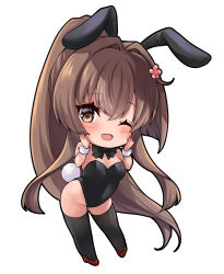 Rule 34 | 1girl, absurdres, alternate costume, animal ears, black bow, black bowtie, black leotard, black thighhighs, bow, bowtie, breasts, brown eyes, brown hair, cherry blossoms, chibi, detached collar, fake animal ears, fake tail, flower, full body, hair flower, hair intakes, hair ornament, hands on own cheeks, hands on own face, highres, kantai collection, large breasts, leotard, long hair, mashiro yukiya, one eye closed, playboy bunny, ponytail, rabbit ears, rabbit tail, sidelocks, solo, strapless, strapless leotard, tail, thighhighs, very long hair, white wrist cuffs, wrist cuffs, yamato (kancolle)
