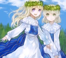Rule 34 | 2girls, apron, artist request, blonde hair, eila ilmatar juutilainen, finland, green eyes, head wreath, long hair, lowres, multiple girls, purple eyes, sanya v. litvyak, short hair, silver hair, strike witches, traditional clothes, world witches series, aged down