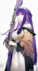 Rule 34 | 1girl, absurdres, black robe, breasts, brown capelet, capelet, commentary request, cowboy shot, dress, fern (sousou no frieren), highres, holding, holding staff, large breasts, long hair, looking at viewer, open clothes, open robe, purple eyes, purple hair, robe, solo, sousou no frieren, staff, standing, very long hair, white dress, yushe quetzalli
