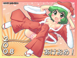 Rule 34 | 00s, 1girl, 2007, 2008, akeome, armpits, bare shoulders, blush, cat tail, christmas, collarbone, fang, flat chest, green eyes, green hair, happy new year, hase yu, hat, matching hair/eyes, merry christmas, new year, nyano, original, panties, sandals, santa costume, santa hat, smile, solo, striped clothes, striped panties, sweatdrop, tail, underwear, wings