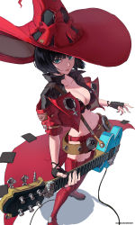 Rule 34 | 1girl, absurdres, arc system works, black hair, breasts, cleavage, fingerless gloves, gloves, green eyes, guilty gear, guilty gear strive, guitar, hat, highres, i-no, instrument, large breasts, midriff, navel, solo, witch hat