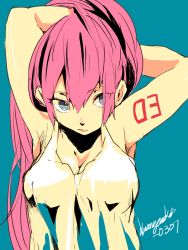 Rule 34 | 1girl, :/, armpits, arms behind head, arms up, bare shoulders, blue background, blue eyes, breasts, cleavage, hair lift, kuronyanko, long hair, looking to the side, medium breasts, megurine luka, pink hair, shirt, solo, stretching, tattoo, upper body, vocaloid, white shirt