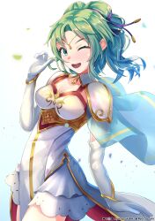 Rule 34 | 1girl, absurdres, armor, blue capelet, breastplate, breasts, capelet, circlet, cleavage, dress, fire emblem, fire emblem: the sacred stones, green eyes, green hair, hair tie, twirling hair, highres, l&#039;arachel (fire emblem), looking at viewer, nintendo, one eye closed, open mouth, ryo-suzuki, shoulder armor, small breasts, smile, solo, teeth, watermark, white background, white dress