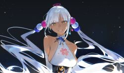 Rule 34 | 1girl, absurdres, blue ribbon, breasts, choker, dark-skinned female, dark skin, earrings, elbow gloves, gloves, hair ornament, highres, hololive, hololive english, jewelry, large breasts, limiter (tsukumo sana), long hair, looking at viewer, lucadark art, night, night sky, planet hair ornament, ribbon, sideboob, sky, sleeveless, smile, solo, star (sky), starry sky, teeth, tsukumo sana, tsukumo sana (1st costume), twintails, upper body, very long hair, virtual youtuber, white choker, white gloves, white hair, yellow eyes