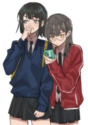 Rule 34 | 2girls, absurdres, arm at side, backpack, bag, black hair, black necktie, black skirt, blue sweater, blush, brown hair, cellphone, cowboy shot, embarrassed, expressionless, glasses, green eyes, hand to own mouth, highres, jacket, looking at phone, looking away, looking down, multiple girls, necktie, nose blush, open clothes, open jacket, original, phone, red jacket, round eyewear, school uniform, scratching nose, shirt, side-by-side, simple background, skirt, smartphone, sweater, takao (88499191), thick eyebrows, thigh gap, white background, white shirt, yellow bag, yellow eyes