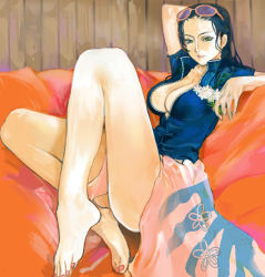 Rule 34 | 1girl, arm behind back, arm up, bare legs, barefoot, black hair, blue shirt, breasts, center opening, cleavage, collarbone, eyewear on head, feet, floral print, flower, foreshortening, glasses, green eyes, hair slicked back, holding, indoors, kazaana, large breasts, legs, long hair, long legs, looking at viewer, nail polish, nico robin, no bra, one piece, open clothes, open shirt, pink skirt, revealing clothes, sarong, shirt, short sleeves, skirt, solo, sunglasses, thighs, toenail polish, toenails, unzipped, zipper
