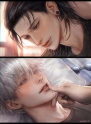Rule 34 | 2boys, artist name, asya (krizless), black eyes, black hair, black shirt, blue eyes, blush, commentary, english commentary, eyelashes, unworn eyewear, finger to another&#039;s mouth, fingernails, getou suguru, gojou satoru, hand on another&#039;s chin, hand on another&#039;s neck, highres, indoors, jujutsu kaisen, lips, long hair, looking at another, lying, male focus, multiple boys, parted lips, plug (piercing), shirt, short hair, smile, white hair, window, yaoi