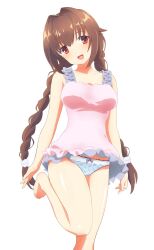 Rule 34 | 1girl, :d, alternate costume, arms at sides, bare arms, barefoot, blue panties, blush, bra-ban!, braid, breasts, brown hair, commentary, curvy, dress, foot out of frame, frilled dress, frills, hair between eyes, hair intakes, head tilt, highres, komatsu (sakanae), long hair, looking at viewer, low twin braids, medium breasts, nakanoshima tae, open mouth, panties, pantyshot, pink dress, red eyes, shiny skin, short dress, simple background, sleeveless, sleeveless dress, smile, solo, standing, standing on one leg, thighs, twin braids, underwear, very long hair, white background