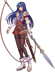 Rule 34 | 1girl, armor, blue eyes, blue hair, boots, caeda (fire emblem), fire emblem, fire emblem: mystery of the emblem, fire emblem: new mystery of the emblem, full body, lance, long hair, looking at viewer, matching hair/eyes, nintendo, polearm, simple background, solo, sword, thighhighs, weapon