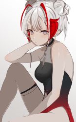 Rule 34 | + +, 1girl, absurdres, antennae, arknights, bare shoulders, binware, black dress, black pantyhose, blush, braid, breasts, cleavage cutout, clothing cutout, demon horns, double bun, dress, gradient dress, grey hair, groin, hair bun, highres, horns, knee up, looking at viewer, navel cutout, no panties, official alternate costume, pantyhose, pelvic curtain, purple eyes, short hair, single braid, single leg pantyhose, sitting, small breasts, solo, w (arknights), white background, white dress