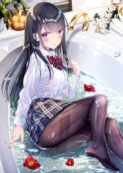 Rule 34 | 1girl, bath, bathing, bathtub, black hair, black pantyhose, blue skirt, blush, bow, bowtie, candle, collared shirt, feet, flower, hair ornament, hairclip, hand up, highres, kobayashi chisato, long hair, long sleeves, lying, on side, original, pantyhose, parted lips, plaid, plaid skirt, pleated skirt, purple eyes, red bow, red bowtie, school uniform, shirt, skirt, solo, thighs, water, wet, wet clothes, white shirt