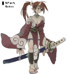 Rule 34 | 1girl, breasts, character name, cleavage, closed mouth, ebimomo, eyepatch, fingernails, full body, hair ornament, highres, holding, holding sword, holding weapon, horns, japanese clothes, katana, kimono, leaning forward, one eye covered, oni horns, oversized forearms, oversized limbs, pelvic curtain, ponytail, red eyes, red hair, red kimono, sandals, scabbard, sheath, sheathed, simple background, solo, standing, stones of dragon, sword, weapon, white background