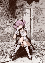 Rule 34 | 1girl, :3, adapted costume, anklet, arm support, black dress, black footwear, building, bullet hole, choker, city, cityscape, clone, colorfag, colorized, crack, crossed legs, damaged, dark persona, death, dress, evil eyes, evil grin, evil smile, frilled dress, frilled kneehighs, frills, gloves, grin, hair between eyes, hair ribbon, hand on own cheek, hand on own face, head rest, hole in wall, jewelry, kaname madoka, kneehighs, kyubey, light smile, magical girl, mahou shoujo madoka magica, mahou shoujo madoka magica (anime), pendant, pink eyes, pink hair, puffy short sleeves, puffy sleeves, ribbon, rubble, ruins, short sleeves, short twintails, sitting, smile, socks, soul gem, third-party edit, throne, too many, tsurime, twintails, watarai keiji, white gloves, white socks