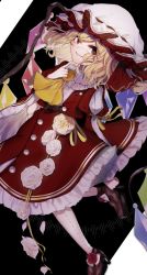 Rule 34 | 1girl, adapted costume, artist name, black background, blonde hair, commentary request, crystal, eyes visible through hair, finger to own chin, flandre scarlet, flower, frilled shirt collar, frills, grin, hair ribbon, hand up, hat, high heels, highres, ishikawa sparerib, looking at viewer, medium hair, mob cap, one side up, petticoat, pink flower, pink rose, puffy short sleeves, puffy sleeves, red eyes, red footwear, red ribbon, red skirt, red vest, ribbon, rose, short sleeves, simple background, skirt, smile, solo, touhou, vest, white hat, wings, yellow flower, yellow neckwear, yellow rose