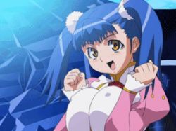 Rule 34 | 00s, 1girl, :d, animated, animated gif, blue hair, blush, bouncing breasts, bow, bowtie, breasts, breasts squeezed together, buttons, choujuushin gravion, chuiru, clenched hands, covered erect nipples, frills, huge breasts, long hair, long sleeves, looking at viewer, lowres, maid, open mouth, puffy long sleeves, puffy sleeves, scrunchie, sleeves past wrists, smile, solo, tulie, turtleneck, twintails, two side up, upper body, yellow eyes
