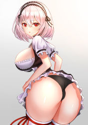 Rule 34 | 1girl, artist request, ass, azur lane, black panties, blush, breasts, breasts out, choker, crossed bangs, from behind, hair between eyes, hairband, highres, lace-trimmed hairband, lace trim, large breasts, looking at viewer, looking back, panties, parted lips, puffy sleeves, red eyes, red ribbon, ribbon, shiny skin, short hair, short sleeves, sidelocks, sirius (azur lane), solo, underwear, upskirt, white hair
