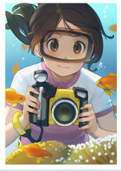 Rule 34 | 1girl, :t, bodysuit, border, brown eyes, brown hair, bubble, camera, commentary, coral, coral reef, diving mask, diving suit, eyebrows, fish, freediving, goggles, goggles on head, goldfish, highres, holding, holding breath, holding camera, matching hair/eyes, ocean, original, ponytail, smile, solo, swimsuit, tareme, tetsuo (amenohutikoma), underwater, wetsuit, white border, wristband, zipper, zipper pull tab