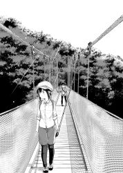 Rule 34 | 2girls, arms at sides, balancing, blush, bridge, cabbie hat, casual, closed mouth, collared shirt, cross-laced footwear, d:, dot nose, dress shirt, fishing rod, floating hair, gaiters, greyscale, hair between eyes, hanging bridge, hat, hatching (texture), highres, holding, holding fishing rod, hood, hood down, hooded jacket, jacket, legs apart, pantyhose under shorts, light particles, light rays, linear hatching, long hair, long sleeves, looking away, looking to the side, minagi hiyori, minagi koharu, monochrome, multiple girls, nature, net, official art, open clothes, open jacket, open mouth, outdoors, outstretched arms, pantyhose, rope bridge, scenery, shadow, shirt, shoes, shorts, sidelocks, sky, sleeves past elbows, sleeves rolled up, slow loop, smile, sneakers, split mouth, spread arms, step-siblings, straight-on, sunbeam, sunlight, t-shirt, tareme, thighhigh gaiters, thighhighs, tree, two side up, uchino maiko, v-shaped eyebrows, walking, wide shot, wind, wing collar, wooden bridge