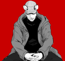 Rule 34 | 1boy, black shirt, cigarette, coat, eichi (wild chicken), facial hair, hat, headphones, iwai munehisa, male focus, open clothes, open coat, own hands together, persona, persona 5, red background, shaded face, shirt, simple background, sitting, smile, smirk, solo
