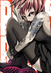 Rule 34 | 1girl, bare shoulders, black dress, black thighhighs, boots, bracelet, breasts, dress, eyeshadow, frown, hugging own legs, jewelry, jinbei, looking at viewer, makeup, pixiv punk and rock, punk, red eyes, red hair, ring, short hair, sitting, solo, tattoo, thighhighs, wristband