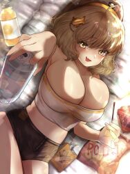 Rule 34 | 1girl, :d, absurdres, ahoge, anis (nikke), beret, black hat, black shorts, blush, breasts, brown hair, can, chips (food), cleavage, crop top, fang, food, goddess of victory: nikke, grey shirt, hair ornament, hat, highres, holding, holding can, holding food, holding pocky, large breasts, lying, open mouth, plastic bottle, pocky, potato chips, reaching, reaching towards viewer, shirt, short hair, short shorts, shorts, skin fang, smile, solo, torisenpai art, yellow eyes