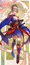 Rule 34 | absurdres, asymmetrical hair, bare shoulders, black thighhighs, blue eyes, blue kimono, bowl, breasts, chopsticks, chopsticks in mouth, cleavage, clothing cutout, detached sleeves, earrings, fate/grand order, fate (series), flag print, food, full body, hair ornament, high heels, highres, holding, holding bowl, japanese clothes, jewelry, katana, kimono, large breasts, leaf print, looking at viewer, magatama, maple leaf print, miyamoto musashi (fate), miyamoto musashi (third ascension) (fate), multiple swords, navel, navel cutout, noodles, obi, ponytail, ramen, sash, sheath, sheathed, shin guards, silver hair, single sidelock, sleeveless, sleeveless kimono, solo, swept bangs, sword, tamayai, thighhighs, thighs, weapon, wide sleeves