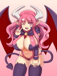 Rule 34 | 1girl, ;d, black thighhighs, breasts, capelet, commentary, cowboy shot, demon girl, demon tail, demon wings, detached sleeves, disgaea, english commentary, eyes visible through hair, fang, gradient background, heart, heart-shaped pupils, highres, horns, huge breasts, index finger raised, leaning forward, long hair, looking at viewer, nav (itsnav), navel, one eye closed, open mouth, pink background, pink eyes, pink hair, pointy ears, simple background, skindentation, smile, solo, succubus (disgaea), symbol-shaped pupils, tail, thighhighs, wavy hair, wings