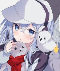 Rule 34 | 1girl, :o, animal, animal on shoulder, bad id, bad twitter id, bird, bird on shoulder, blue eyes, blue hair, blush, character request, clothed animal, commentary, earmuffs, hair between eyes, hat, hibiki (kancolle), hitsukuya, kantai collection, long hair, long sleeves, looking at viewer, owl, parted lips, penguin, red scarf, scarf, seal (animal), solo