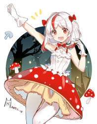 Rule 34 | 1girl, :d, arm up, bare shoulders, bare tree, bow, camisole, collar, copyright request, dated, detached collar, fly agaric, food-themed clothes, gloves, hair bow, highres, looking at viewer, multicolored hair, mushroom, open mouth, outstretched arm, red bow, red eyes, red hair, red skirt, rero (bigdoorbig2), silver hair, skirt, smile, solo, streaked hair, tree, white background, white camisole, white collar, white gloves