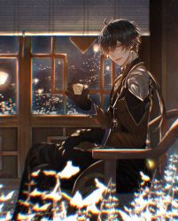 Rule 34 | 1boy, :d, black gloves, black pants, brown eyes, brown hair, brown jacket, chair, chromatic aberration, city lights, crossed legs, cup, earrings, eujerian, genshin impact, gloves, highres, holding, holding cup, indoors, jacket, jewelry, long hair, long sleeves, looking at viewer, night, night sky, open mouth, pants, ponytail, sitting, sky, smile, solo, window, zhongli (genshin impact)