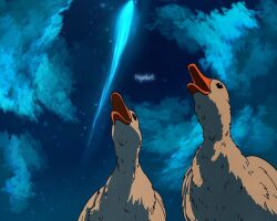 Rule 34 | animal, artist name, bird, cloud, cloudy sky, commentary, duck, english commentary, meteor, night, night sky, no humans, original, outdoors, prenkuchan, shooting star, sky