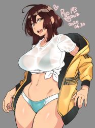 Rule 34 | 1girl, :d, agawa ryou, ahoge, artist name, bikini, bra visible through clothes, breasts, brown eyes, brown hair, commentary, cowboy shot, curvy, dated, english commentary, grey background, hair between eyes, jacket, large breasts, medium hair, multicolored bikini, multicolored clothes, navel, open mouth, original, see-through, shirt, short sleeves, sidelocks, smile, solo, standing, stomach, swimsuit, t-shirt, thighs, tied shirt, white shirt, yellow jacket