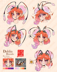 Rule 34 | 1girl, antennae, blush, close-up, closed mouth, commission, cropped head, english text, gradient background, gradient hair, grid background, head tilt, highres, long bangs, long hair, meme, monster girl, multicolored eyes, multicolored hair, multiple views, open mouth, orange eyes, orange hair, original, purple eyes, purple hair, shrimp, shrimp girl, speech bubble, spoken expression, straight-on, sweatdrop, tearing up, teeth, tsurime, uni (oni unicorn), upper teeth only, watermark
