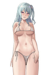 Rule 34 | 1girl, absurdres, bang dream!, bikini, blue hair, blush, breasts, collarbone, commentary, hair between eyes, hair ribbon, highres, large breasts, long hair, looking at viewer, matsubara kanon, micro bikini, navel, one side up, open mouth, pink ribbon, ptal, purple eyes, ribbon, sidelocks, simple background, solo, stomach, swimsuit, white background, white bikini