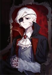 Rule 34 | 1boy, 795dkcnm9938, ascot, black cape, black cloak, black eyes, cape, cloak, dungeon meshi, elf, eyepatch, highres, long sleeves, male focus, mithrun, notched ear, one eye covered, pointy ears, red nails, shirt, short hair
