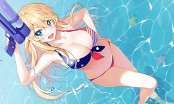 Rule 34 | 10s, 1girl, :d, american flag bikini, american flag print, arm up, bad id, bad pixiv id, bikini, blonde hair, blue eyes, breasts, cleavage, commentary request, dutch angle, flag print, front-tie bikini top, front-tie top, hand on own hip, iowa (kancolle), kantai collection, large breasts, long hair, nanotaro, navel, open mouth, print bikini, smile, solo, star-shaped pupils, star (symbol), starfish, swimsuit, symbol-shaped pupils, water, water gun