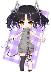 Rule 34 | 1girl, absurdres, aran sweater, backless dress, backless outfit, black footwear, black hair, black ribbon, blush, breasts, cable knit, chibi, closed mouth, commentary request, demon girl, demon horns, demon tail, dress, full body, halterneck, highres, horns, kojo anna, kojo anna (3rd costume), leg ribbon, long hair, looking at viewer, medium breasts, meme attire, multicolored hair, nanashi inc., official alternate costume, pointy ears, purple hair, ribbed sweater, ribbon, robou no stone, shoes, sideboob, single thighhigh, smile, solo, sugar lyric, sweater, sweater dress, tail, thighhighs, turtleneck, turtleneck sweater, two-tone hair, two side up, virgin killer sweater, virtual youtuber, yellow eyes