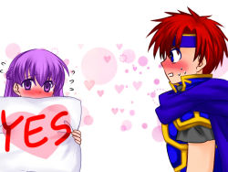 Rule 34 | 1boy, 1girl, 74, armor, blue eyes, blush, braid, cape, commentary request, fire emblem, fire emblem: the binding blade, french braid, full-face blush, headband, heart, holding, holding pillow, long hair, nintendo, pillow, purple eyes, purple hair, red hair, roy (fire emblem), sophia (fire emblem), sweatdrop, yes-no pillow