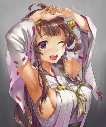 Rule 34 | 10s, 1girl, ;d, ahoge, armpits, arms up, artist name, blush, breasts, breath, brown hair, commentary request, crying, crying with eyes open, detached sleeves, drooling, grey background, headgear, japanese clothes, kantai collection, kimono, kongou (kancolle), long hair, long sleeves, looking at viewer, medium breasts, nontraditional miko, one eye closed, open mouth, purple eyes, raised eyebrows, red ribbon, ribbon, ribbon-trimmed sleeves, ribbon trim, sage joh, saliva, shiny skin, sideboob, sidelocks, simple background, sleeveless, sleeveless kimono, smile, solo, sweat, tears, teeth, upper body, wide sleeves