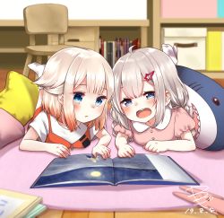 Rule 34 | 2girls, absurdres, ahoge, blue eyes, blush, book, bookshelf, cevio, chair, child, commentary, desk, dress, feet up, hair ornament, hairclip, highres, ia (vocaloid), indoors, juliet sleeves, long sleeves, lying, moon, multiple girls, on stomach, one (cevio), open mouth, parted lips, picture book, pillow, pink dress, platinum blonde hair, puffy sleeves, reading, shirt, socks, star (symbol), stuffed animal, stuffed shark, stuffed toy, vocaloid, white legwear, white shirt, yamada sakura, aged down, zipper