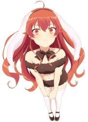 Rule 34 | 1girl, :&lt;, antenna hair, bare arms, bare shoulders, blush, closed mouth, colored skin, crop top, eris greyrat, flat chest, floating hair, jewelry, long hair, looking at viewer, mushoku tensei, navel, necklace, pantyhose, red eyes, red hair, ribbon, standing, thighs, white background, white skin