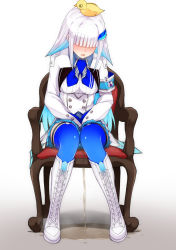 Rule 34 | 1girl, armband, between legs, blue hair, blue neckerchief, blue skirt, blue thighhighs, blunt bangs, blush, boots, breasts, breath, chair, cross-laced footwear, embarrassed, female focus, full body, gradient background, gradient hair, hair ornament, hair over eyes, hairclip, hand between legs, have to pee, highres, jacket, knee boots, knees together feet apart, lace-up boots, lize helesta, lize helesta (1st costume), long hair, maanii, medium breasts, miniskirt, multicolored hair, neckerchief, nijisanji, nose blush, object on head, open mouth, pee, peeing, peeing self, pleated skirt, puddle, safety pin, simple background, sitting, skirt, solo, steam, sweat, thigh strap, thighhighs, thighhighs under boots, v arms, virtual youtuber, white background, white footwear, white hair, white jacket