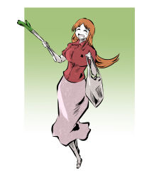Rule 34 | 1girl, :d, ^ ^, bag, bleach, blush, closed eyes, collared shirt, commentary request, dress shirt, facing viewer, food, full body, gradient background, green background, hair ornament, hands up, happy, highres, holding, holding bag, holding food, holding spring onion, holding vegetable, inoue orihime, ken hollow, leekspin (meme), long hair, long skirt, meme, open mouth, orange hair, parted bangs, pink skirt, red shirt, sandals, shirt, simple background, skirt, smile, solo, spring onion, standing, star (symbol), star hair ornament, vegetable, white background