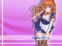 Rule 34 | 1girl, adjusting hair, black olive, blue eyes, blush, breasts, character name, cleavage, frilled thighhighs, frills, highres, large breasts, long hair, maid, neon genesis evangelion, non-web source, orange hair, solo, souryuu asuka langley, sugaishi, sugaishi (unbr), thighhighs, wrist cuffs, zettai ryouiki