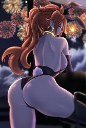 Rule 34 | 1girl, absurdres, android 21, animal ears, ass, back, bare shoulders, black leotard, black thighhighs, blue eyes, breasts, brown hair, chinese zodiac, closed mouth, dragon ball, dragon ball fighterz, earrings, fake animal ears, fake tail, fireworks, from behind, gold collar, highleg, highleg leotard, highres, hoop earrings, jewelry, large breasts, leotard, long hair, looking at viewer, looking back, pea-bean, playboy bunny, ponytail, rabbit ears, rabbit tail, sideboob, smile, solo, tail, thighhighs, year of the rabbit
