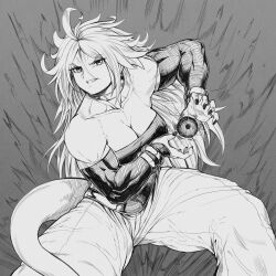 Rule 34 | 1girl, absurdres, android 21, arabian clothes, bare shoulders, black nails, bracelet, breasts, dragon ball, dragon ball fighterz, dragonball z, energy, energy ball, female focus, highres, incoming attack, jewelry, kamehameha (dragon ball), large breasts, looking at viewer, majin android 21, monster girl, muscular, muscular female, pointy ears, smile, solo, speedl00ver, spiked hair, tail, teeth