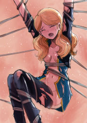 Rule 34 | 1girl, bdsm, blonde hair, bondage, bound, breasts, cable, cleavage, closed eyes, collarbone, commentary request, gacha-m, gundam, gundam narrative, long hair, navel, no panties, rita bernal, scar, small breasts, solo, sweat, torn clothes, wavy hair