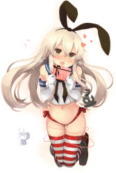 Rule 34 | 10s, 1girl, anchor hair ornament, bare shoulders, blonde hair, blush, box, elbow gloves, gift, gift box, gloves, hair ornament, hairband, heart, highres, kantai collection, long hair, looking at viewer, no pants, open mouth, rensouhou-chan, ribbon, shimakaze (kancolle), shin (new), simple background, smile, solo, striped clothes, striped thighhighs, sweat, thighhighs, valentine, white background, white gloves