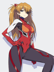 Rule 34 | 10s, 1girl, blue eyes, bodysuit, brown hair, chan co, covered navel, evangelion: 3.0 you can (not) redo, eyepatch, grey background, hair ornament, hand on own hip, highres, leg lift, long hair, looking at viewer, neon genesis evangelion, pilot suit, plugsuit, rebuild of evangelion, shadow, simple background, skin tight, solo, souryuu asuka langley, two side up